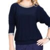 Model is showing a navy blue shirt made from ITY Jersey Knit Fabric