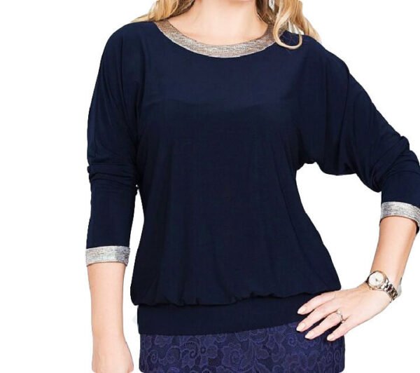 Model is showing a navy blue shirt made from ITY Jersey Knit Fabric