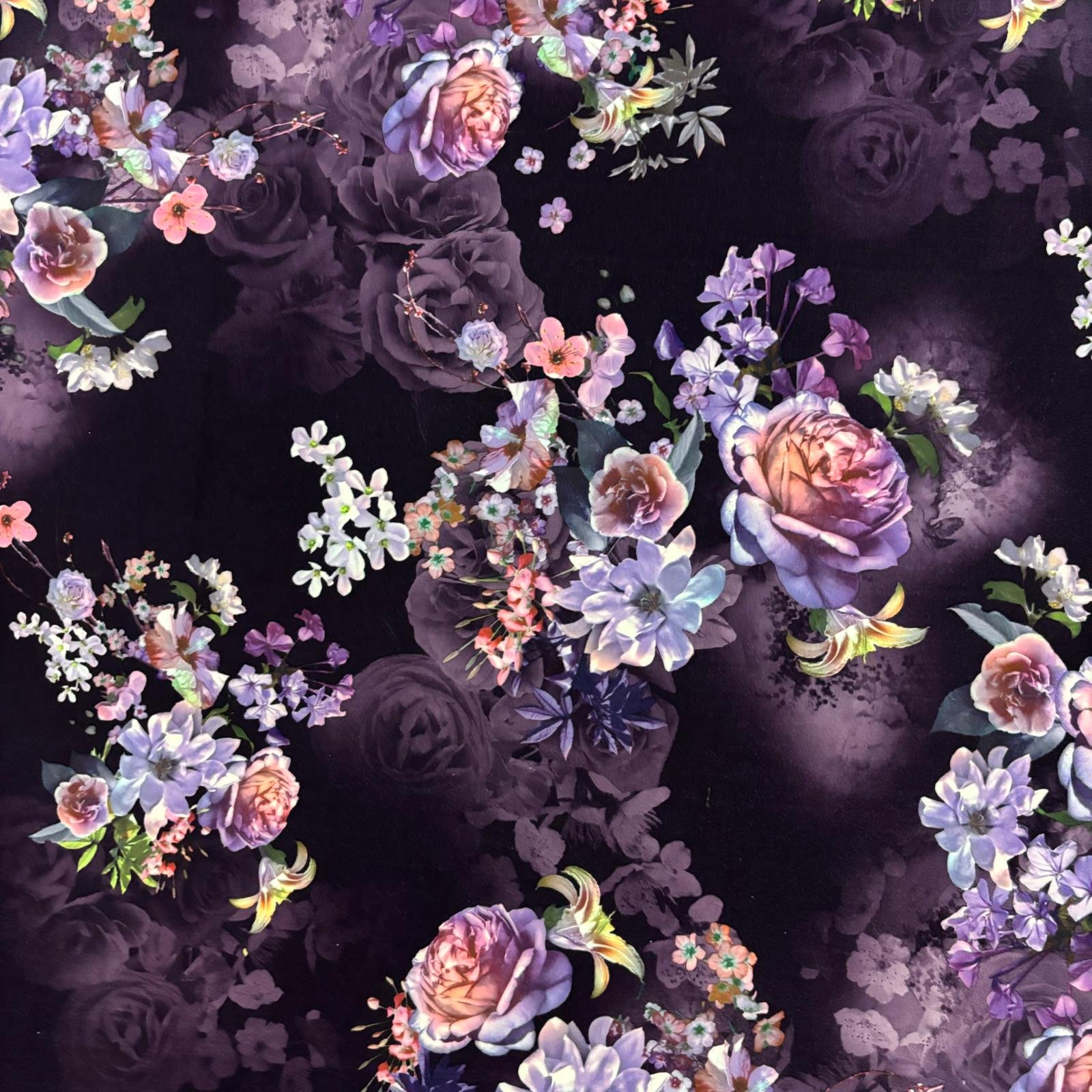 DTY BRUSH KNIT 17862 DES#4 COL2 PURPLE BACKGROUND DTY DOUBLE BRUSH KNIT FABRIC/ POLYESTER FABRIC, STRETCH FABRIC ON A MANNEQUIN