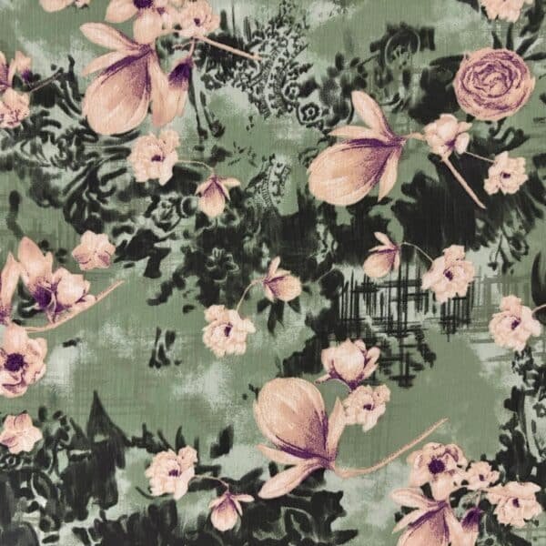 POLYESTER CREPE FABRIC KC-59 DES.34 "FLORAL" SPRING GREEN