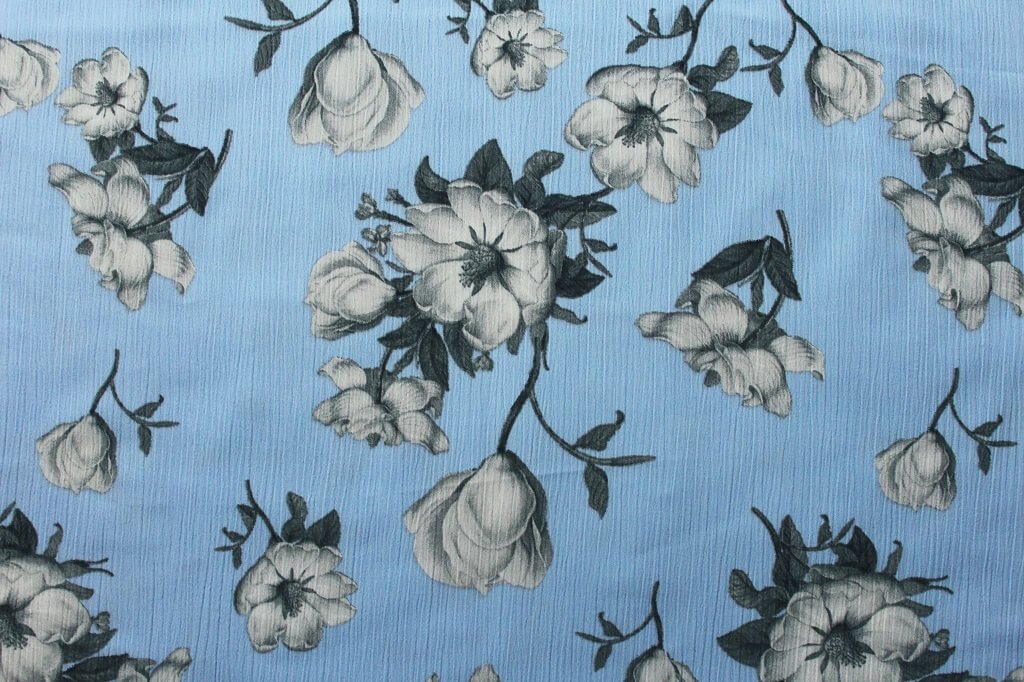 KOSHIBO YORYO CREPE 18202. DES. 38 COL.2 BLUE BACKGROUND Crepe Dress Fabric