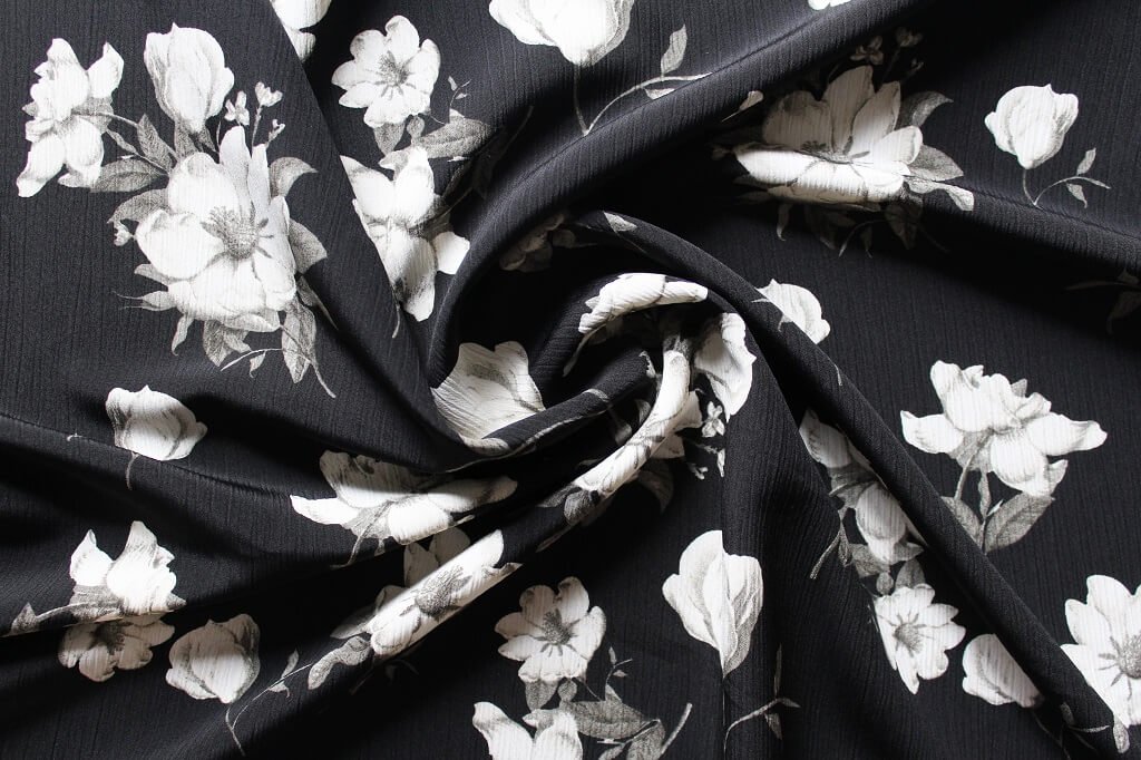 KOSHIBO YORYO CREPE 18202. DES. 38 COL.4 BLACK BACKGROUND Crepe Dress Fabric