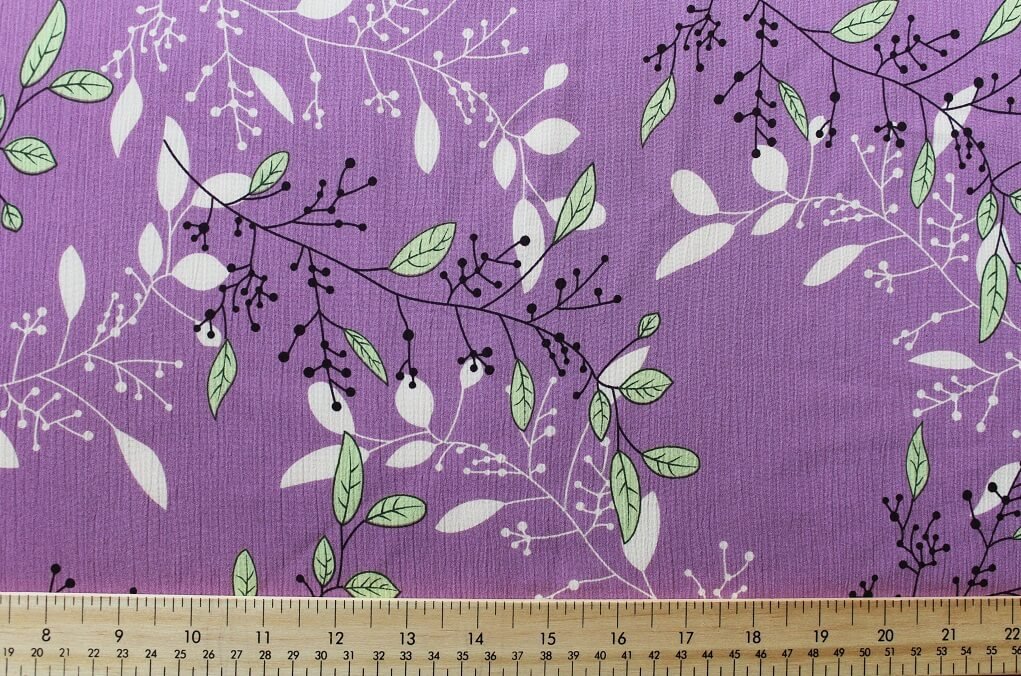 KOSHIBO YORYO CREPE 18202. DES. 76 COL.3 "LEAVES" LILAC BACKGROUND Crepe Dress Fabric