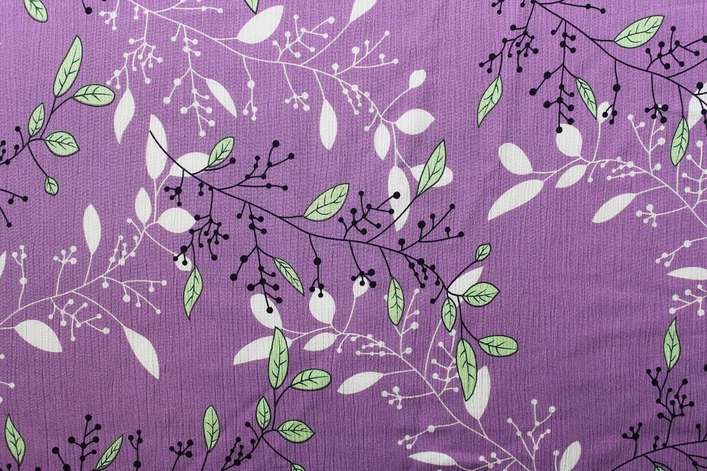 KOSHIBO YORYO CREPE 18202. DES. 76 COL.3 "LEAVES" LILAC BACKGROUND Crepe Dress Fabric