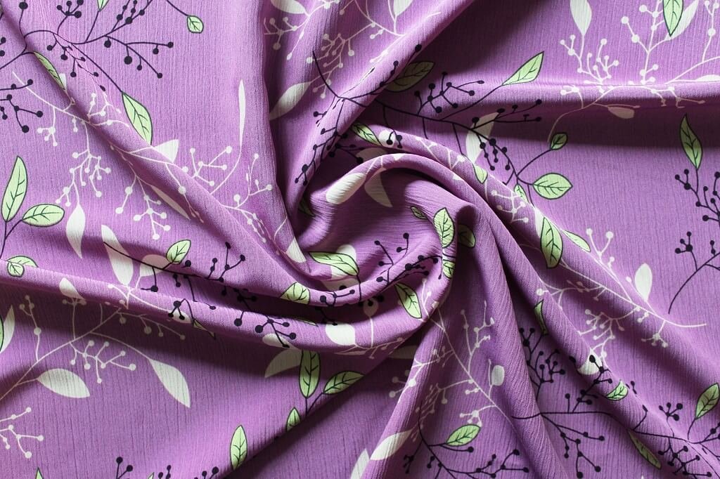 KOSHIBO YORYO CREPE 18202. DES. 76 COL.3 "LEAVES" LILAC BACKGROUND Crepe Dress Fabric
