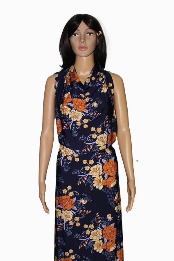 MODEL IS SHOWING A DRESS MADE FROM ITY JERSEY KNIT FABRIC FLORAL PRINT NAVY BLUE COLOR
