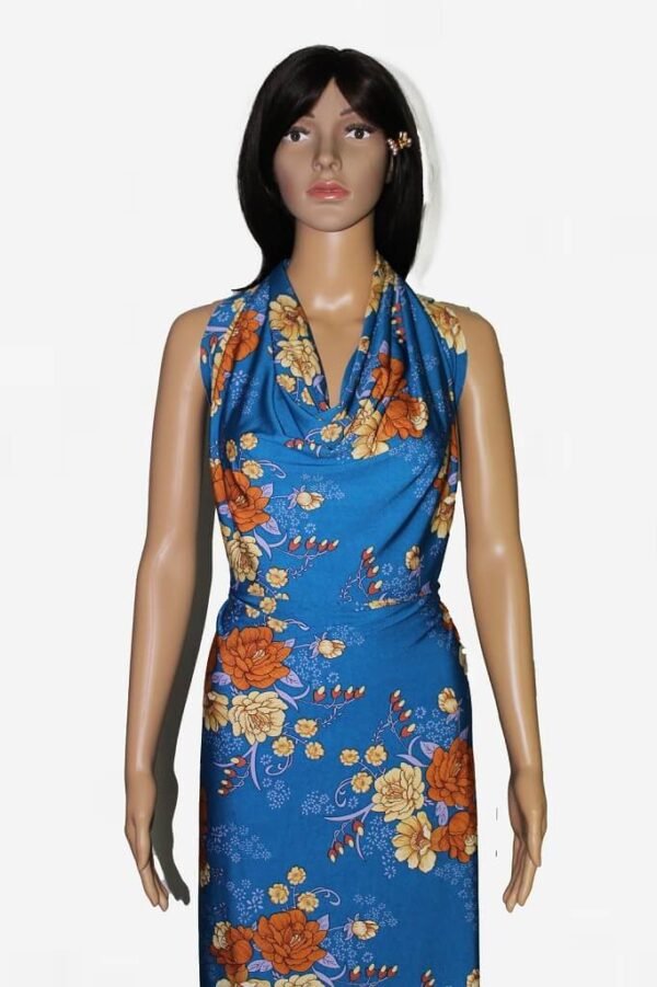 MODEL IS SHOWING A DRESS MADE FROM ITY JERSEY KNIT FABRIC FLORAL PRINT TURQUOISE COLOR