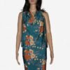 MODEL IS SHOWING A DRESS MADE FROM ITY JERSEY KNIT FABRIC FLORAL PRINT TEAL GREEN COLOR