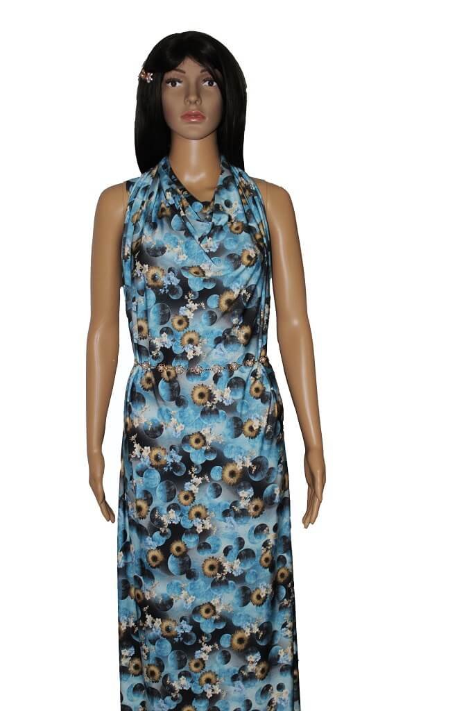 MANNEQUIN IS SHOWING A DRESS MADE FROM ITY JERSEY KNIT PRINT FABRIC BLUE COLOR
