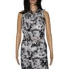 MANNEQUIN IS SHOWING A DRESS MADE FROM ITY JERSEY KNIT PRINT FABRIC BLACK/GREY COLOR