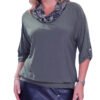 Model is showing a grey shirt made from ITY Jersey Knit Fabric