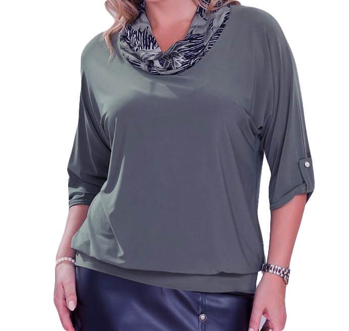 ITY Jersey Knit grey shirt for ladies Model is showing a grey shirt made from ITY Jersey Knit Fabric