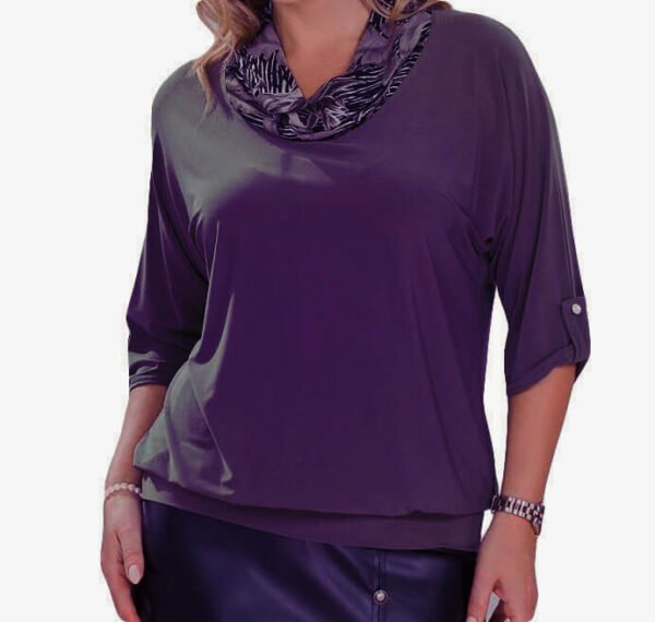 Model is showing a purple shirt made from ITY Jersey Knit Fabric
