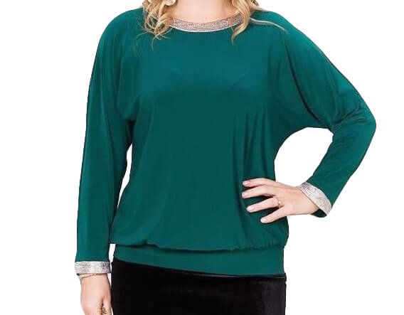 Model is showing a teal green shirt made from ITY Jersey Knit Fabric
