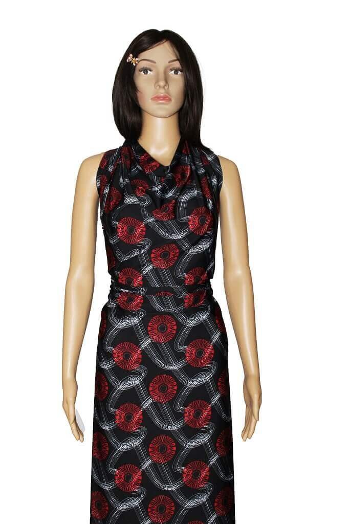 DTY JERSEY KNIT 18204. DES #25 COL.2 RED Mannequin is showing a dress made from DTY KNIT