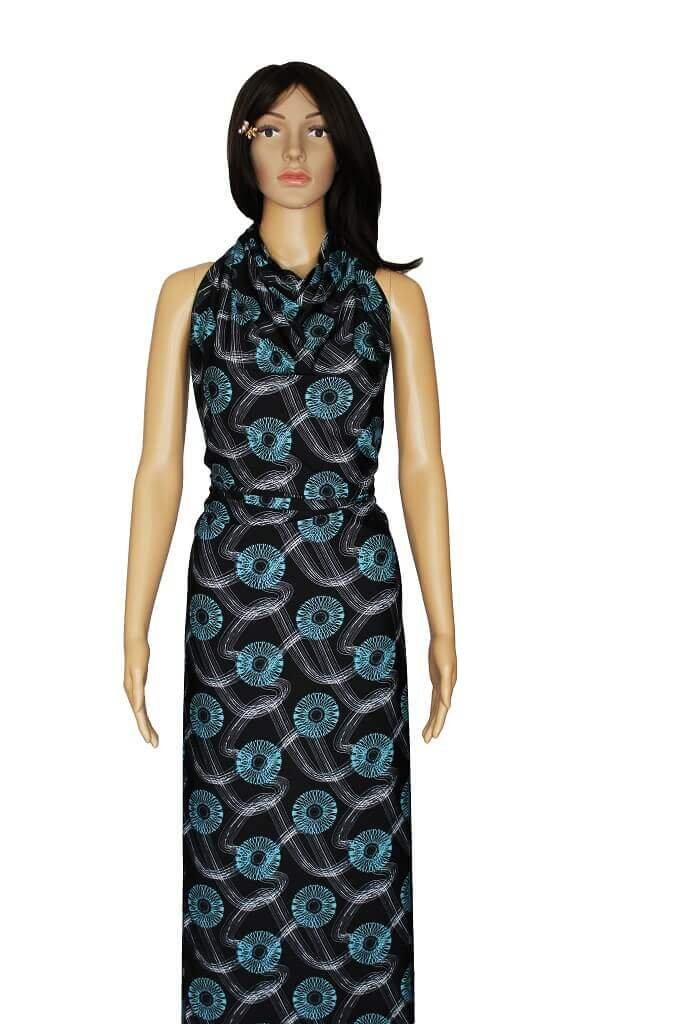 DTY JERSEY KNIT 18204. DES #25 COL.3 TURQUOISE Mannequin is showing a dress made from DTY KNIT
