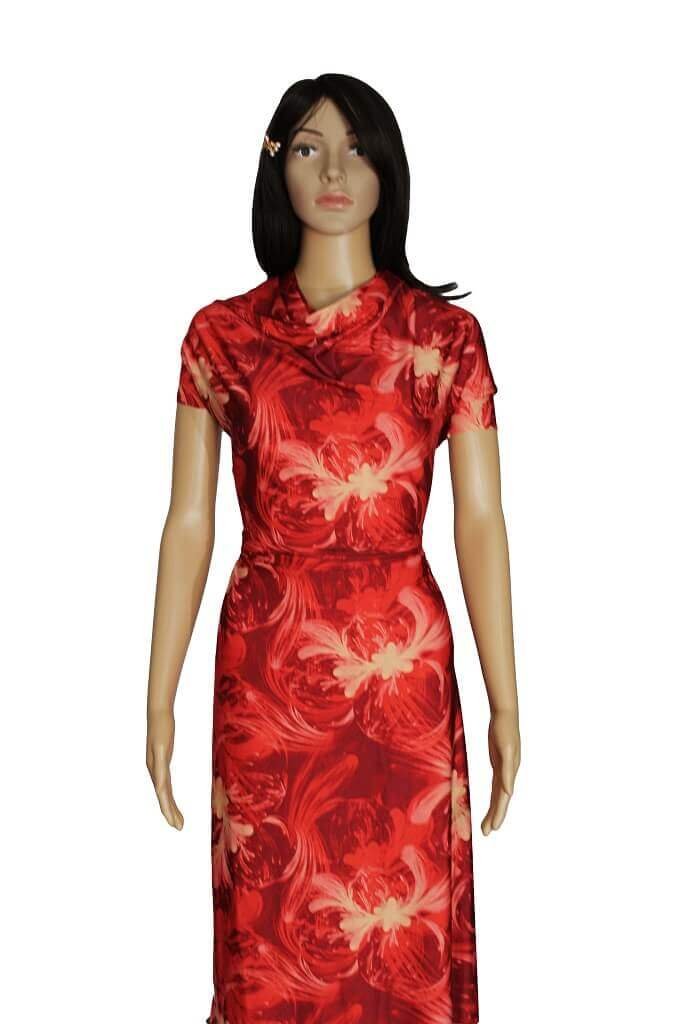 DTY JERSEY KNIT 18204. DES #26 COL.1 RED Mannequin is showing a dress made from DTY KNIT
