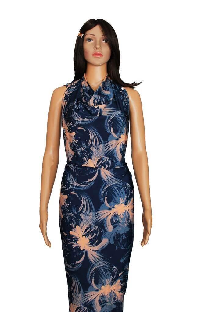 DTY JERSEY KNIT 18204. DES #26 COL.2 NAVY BLUE Mannequin is showing a dress made from DTY KNIT