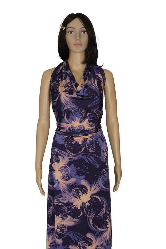 DTY JERSEY KNIT 18204. DES #26 COL.3 VIOLET Mannequin is showing a dress made from DTY KNIT