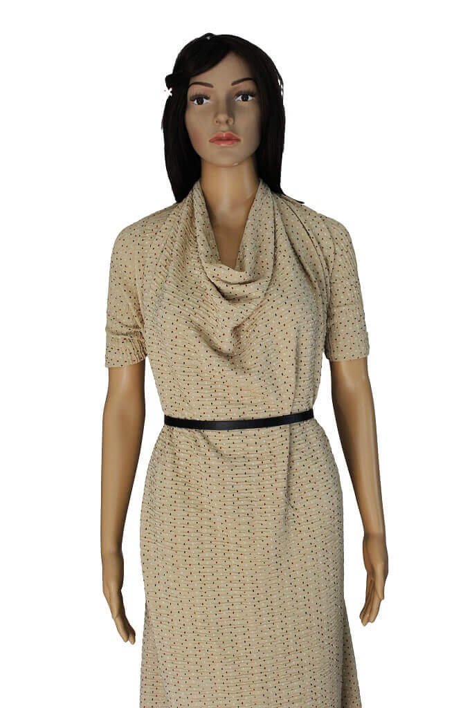 Mannequin is showing a dress made from Knit Fukuro Beige Polka Dot
