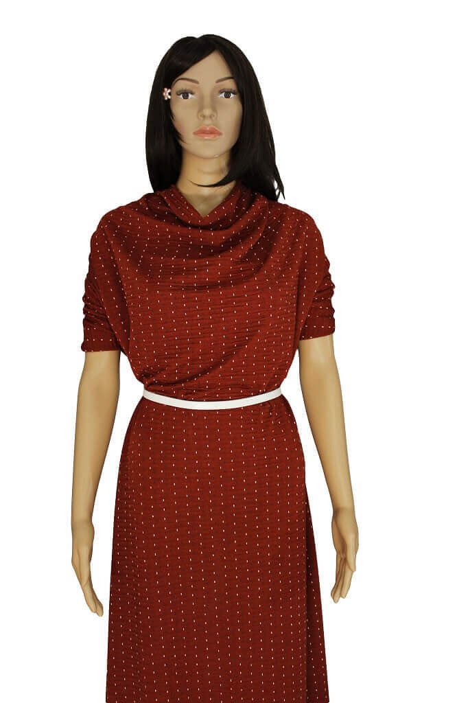 Mannequin is showing a dress made from Knit Fukuro Polka Dot Brick Brown