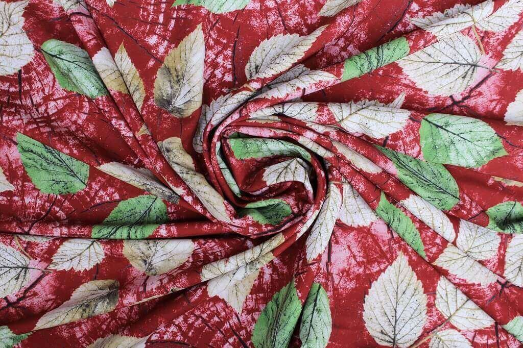 POLYESTER STRETCH DRESS PRINT FABRIC DES.10/1 DARK RED BACKGROUND DRESS FABRIC LEAVES DARK RED
