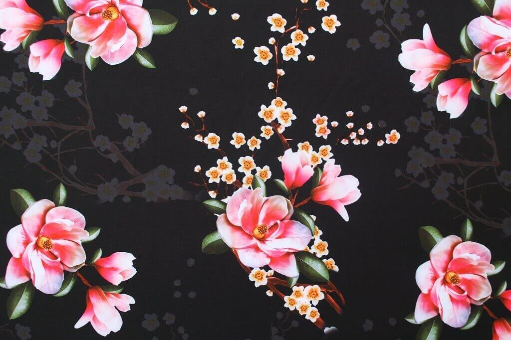 POLYESTER STRETCH DRESS FABRIC DES.3/1 BLACK BACKGROUND Polyester Stretch Dress Fabric Black Floral Print