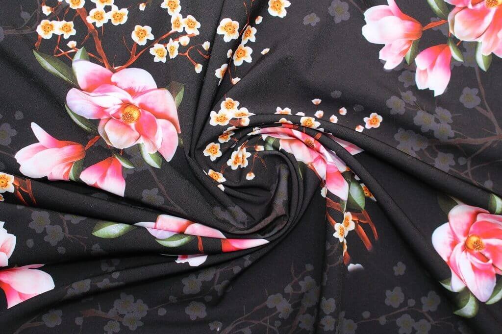 POLYESTER STRETCH DRESS FABRIC DES.3/1 BLACK BACKGROUND Polyester Stretch Dress Fabric Black Floral Print