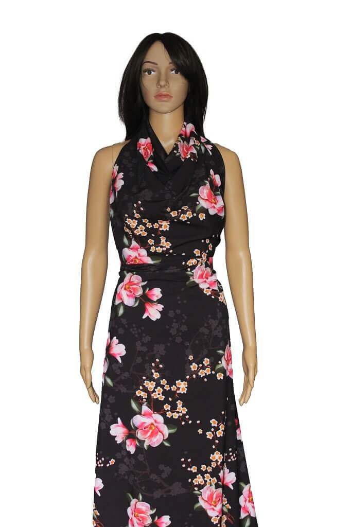 POLYESTER STRETCH DRESS FABRIC DES.3/1 BLACK BACKGROUND Polyester Stretch Dress Fabric Black Floral Print