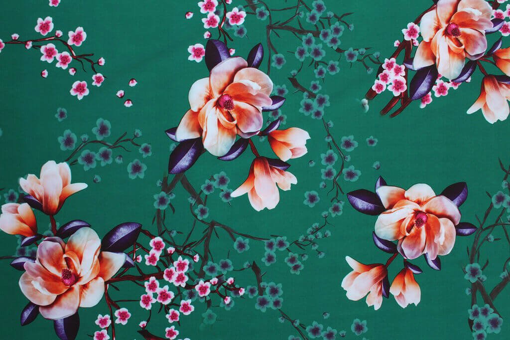 SUPER SOFT STRETCH DRESS PRINT FABRIC DES.3/2 GREEN BACKGROUND Dress Fabric Floral Print