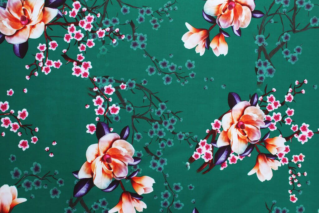SUPER SOFT STRETCH DRESS PRINT FABRIC DES.3/2 GREEN BACKGROUND Dress Fabric Print Floral