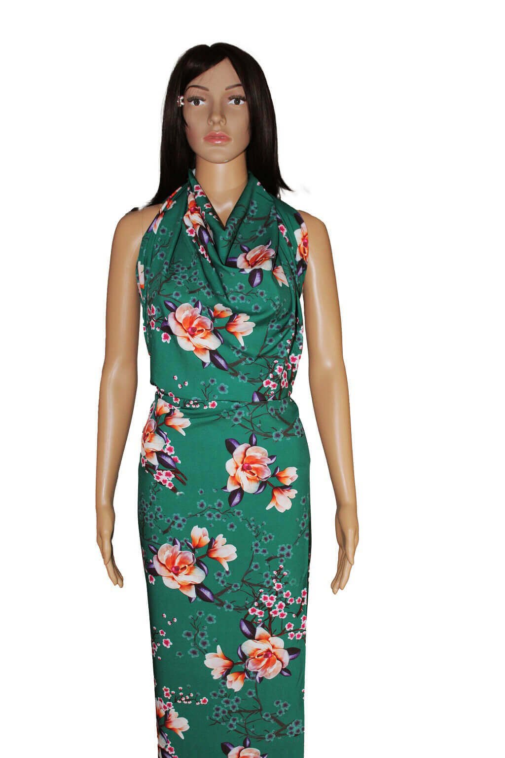 SUPER SOFT STRETCH DRESS PRINT FABRIC DES.3/2 GREEN BACKGROUND Mannequin is showing a dress made from dress fabric