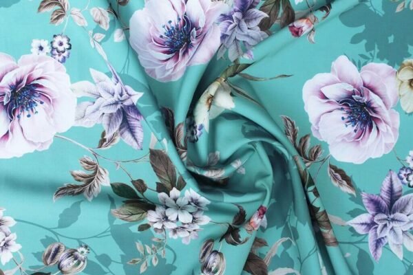 POLYESTER STRETCH DRESS FABRIC DES.4/1 POWDER TURQOISE BACKGROUND