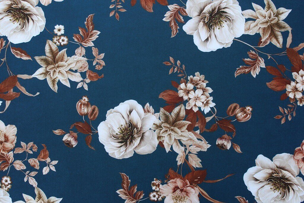 POLYESTER STRETCH DRESS FABRIC DES.4/2 DARK TEAL BLUE BACKGROUND