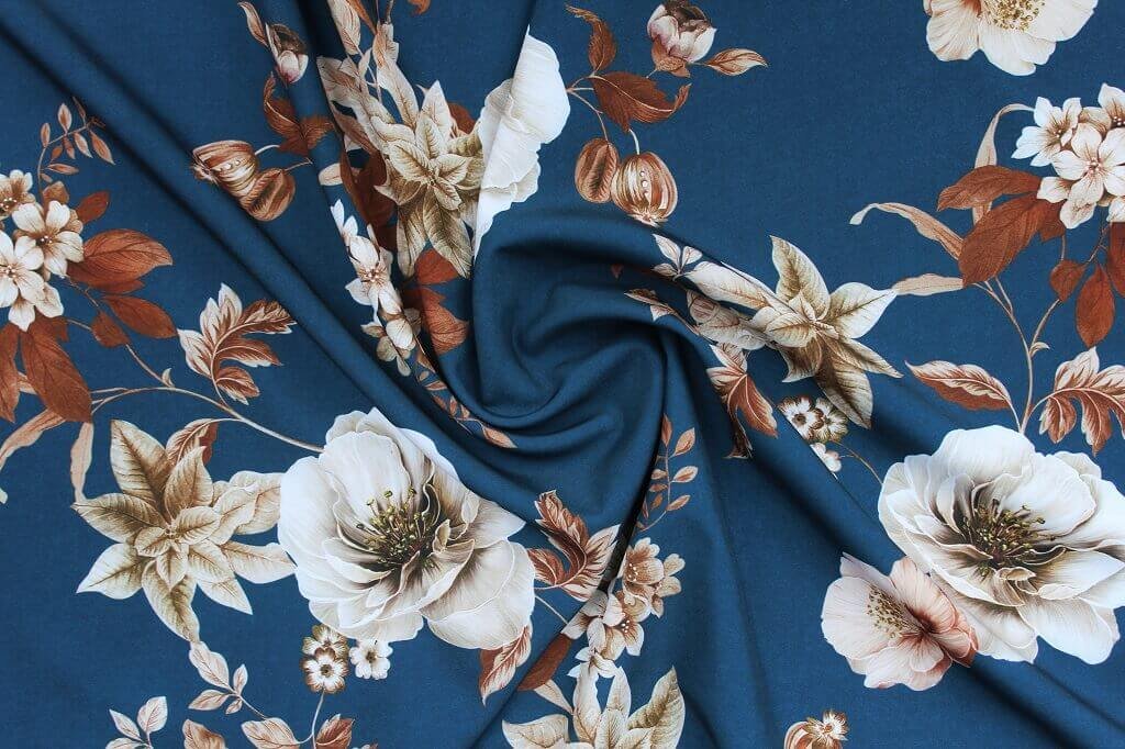 POLYESTER STRETCH DRESS FABRIC DES.4/2 DARK TEAL BLUE BACKGROUND