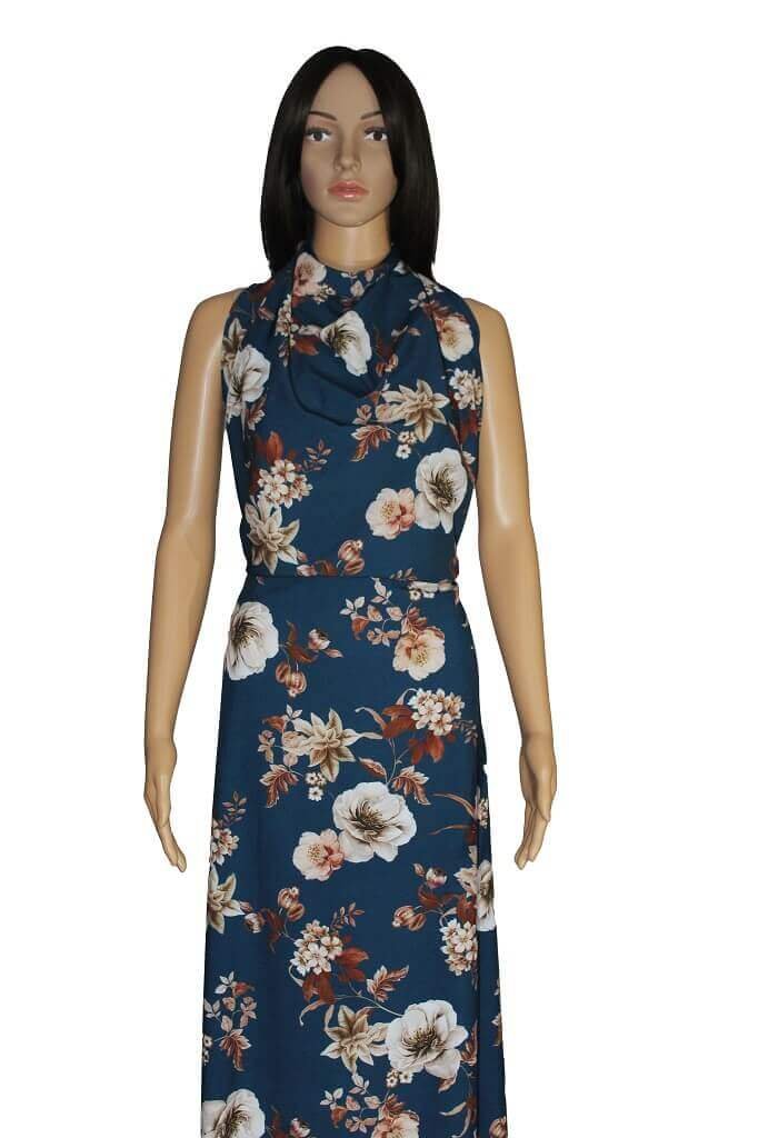 POLYESTER STRETCH DRESS FABRIC DES.4/2 DARK TEAL BLUE BACKGROUND