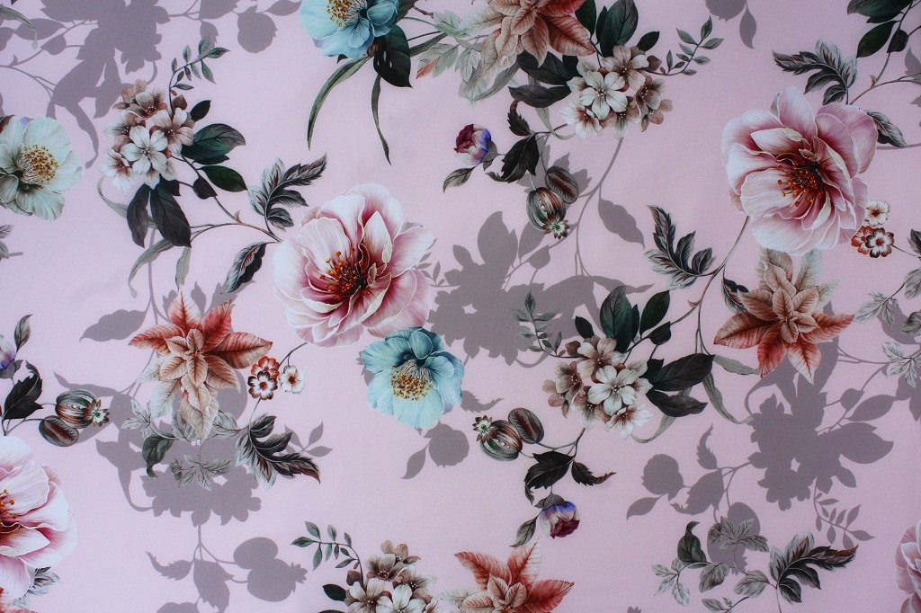 POLYESTER STRETCH DRESS FABRIC DES.4/3 PALE PINK BACKGROUND Polyester stretch dress fabric pale pink floral