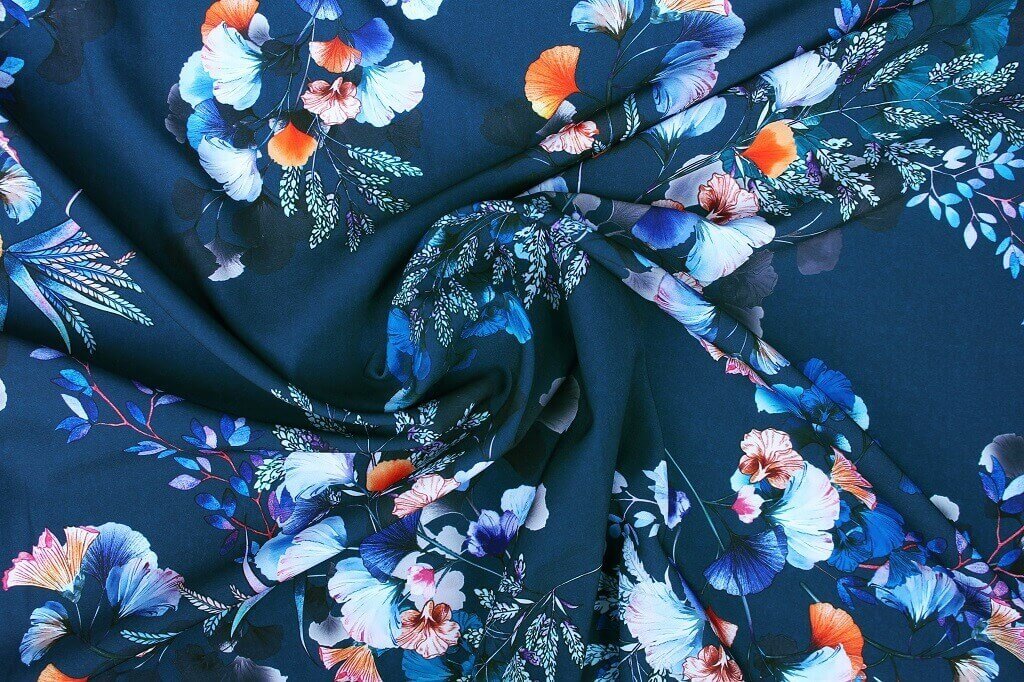 POLYESTER STRETCH DRESS FABRIC DES.5/2 PEACOCK BLUE BACKGROUND Polyester Stretch Dress Woven Fabric