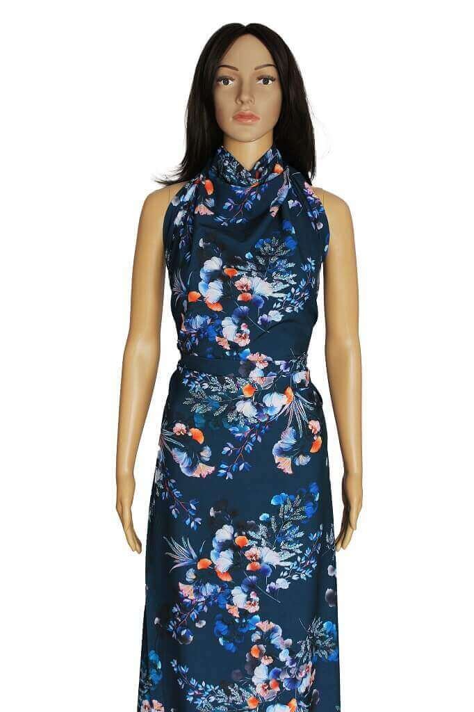 POLYESTER STRETCH DRESS FABRIC DES.5/2 PEACOCK BLUE BACKGROUND Polyester Stretch Woven Fabric