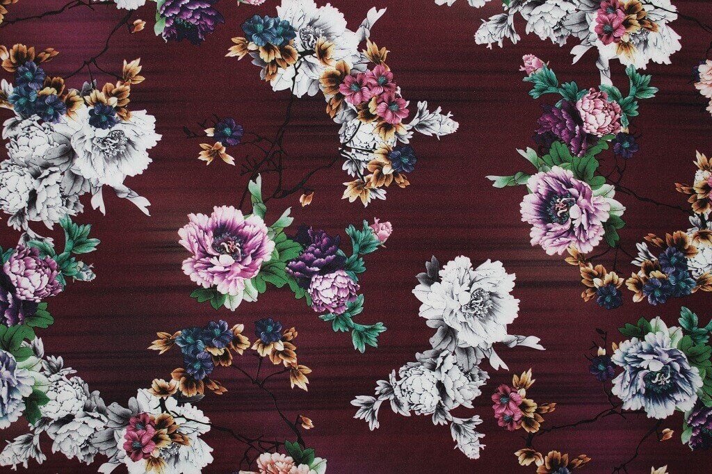 POLYESTER STRETCH DRESS FABRIC DES.7/1 BURGUNDY BACKGROUND Polyester Stretch Dress Woven Fabric Floral Burgundy