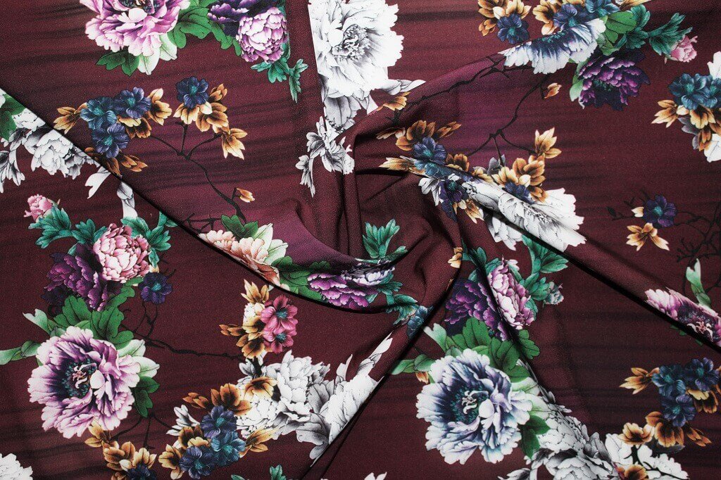 POLYESTER STRETCH DRESS FABRIC DES.7/1 BURGUNDY BACKGROUND Polyester Stretch Dress Woven Fabric Floral Burgundy
