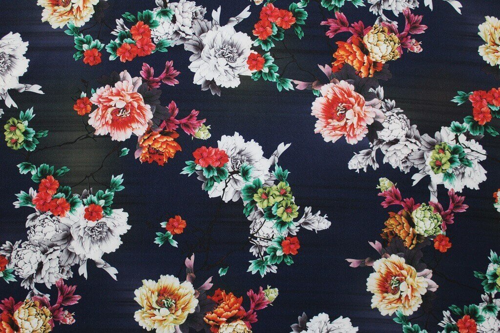 POLYESTER STRETCH DRESS FABRIC DES.7/3 NAVY BLUE BACKGROUND Polyester Stretch Dress Woven Fabric Floral Navy Blue