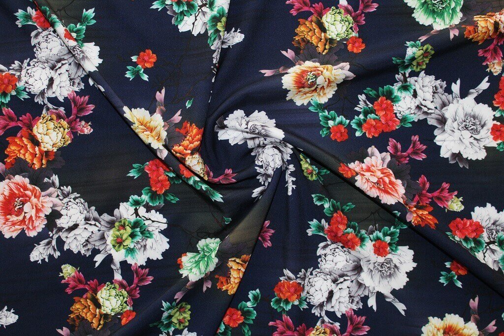 POLYESTER STRETCH DRESS FABRIC DES.7/3 NAVY BLUE BACKGROUND Polyester Stretch Dress Woven Fabric Floral Navy Blue