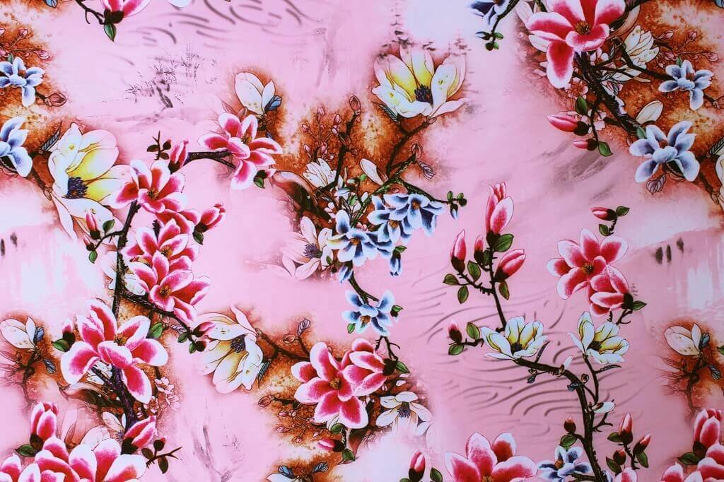POLYESTER STRETCH DRESS FABRIC DES.8/1 PINK BACKGROUND DRESS FABRIC POLYESTER FLORAL PRINT PINK COLOR