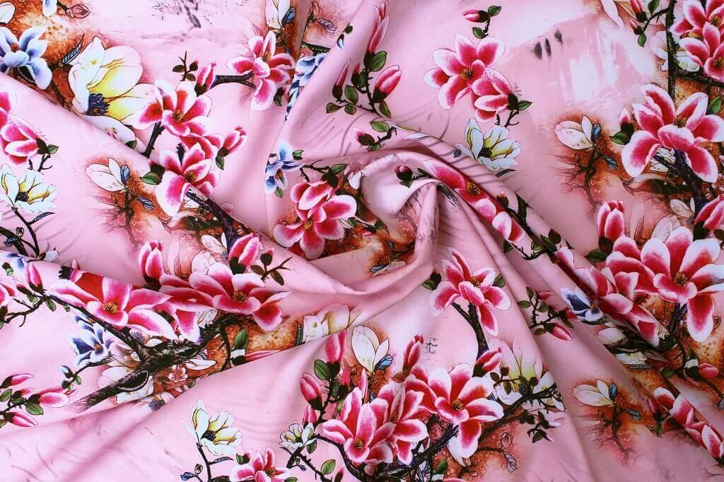 POLYESTER STRETCH DRESS FABRIC DES.8/1 PINK BACKGROUND DRESS FABRIC POLYESTER FLORAL PRINT PINK COLOR