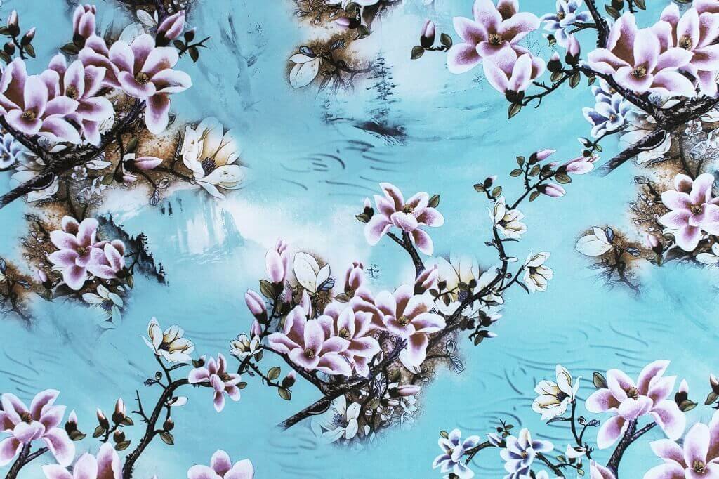 POLYESTER STRETCH DRESS FABRIC DES.8/2 SKY BLUE BACKGROUND Polyester stretch dress fabric floral sky blue