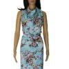 Mannequin is showing a dress made from polyester stretch dress fabric floral sky blue