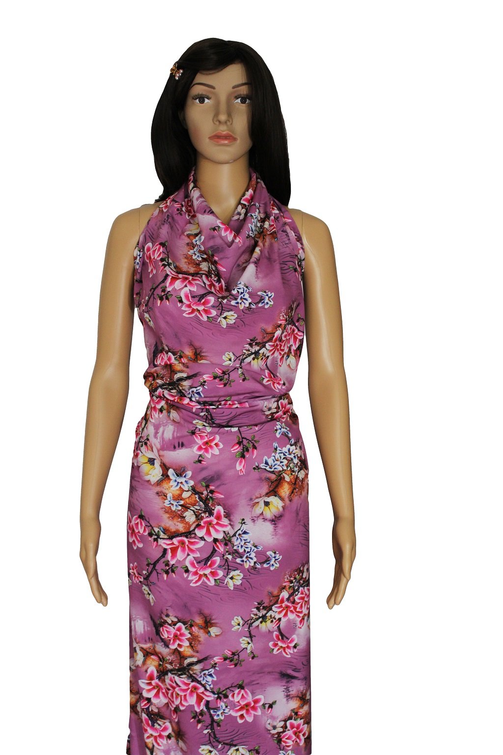 POLYESTER STRETCH DRESS FABRIC DES.8/3 LILAC BACKGROUND Mannequin is showing a dress made from polyester stretch fabric floral lilac