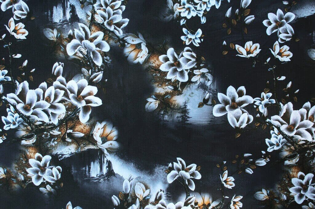 POLYESTER STRETCH DRESS FABRIC DES.8/4 BLACK BACKGROUND Polyester stretch dress fabric floral black