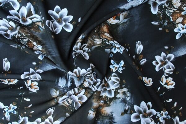 POLYESTER STRETCH DRESS FABRIC FLORAL BLACK